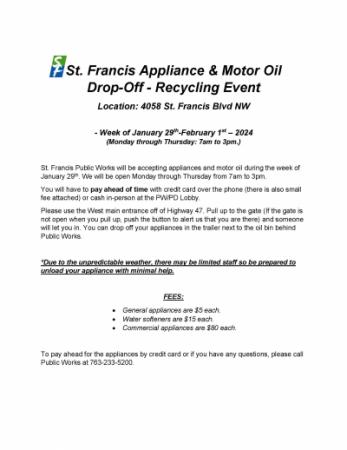 St. Francis Appliance & Motor Oil Drop-Off Recycling Event
